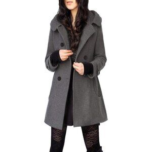 Women's Grey Warm Double Breasted Wool Pea Coat Trench Coat Jacket with Hood